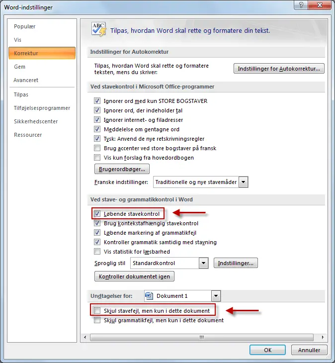 Indstillinger for stavekontrol - Word 2007 og senere versioner Indstillinger for stavekontrol - Word 2007 og senere versioner